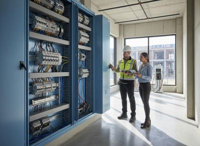Engineers inspect an electrical distribution panel