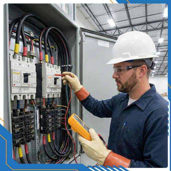 A certified electrician from Applied Electric Inc. testing an industrial electrical panel in a large warehouse.