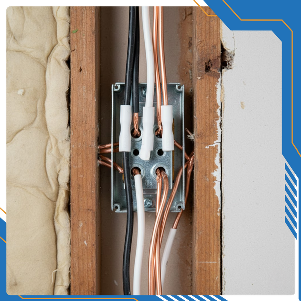 professional electrical rewiring being installed in an older home, featuring new grounded copper wiring and clean junction box organization