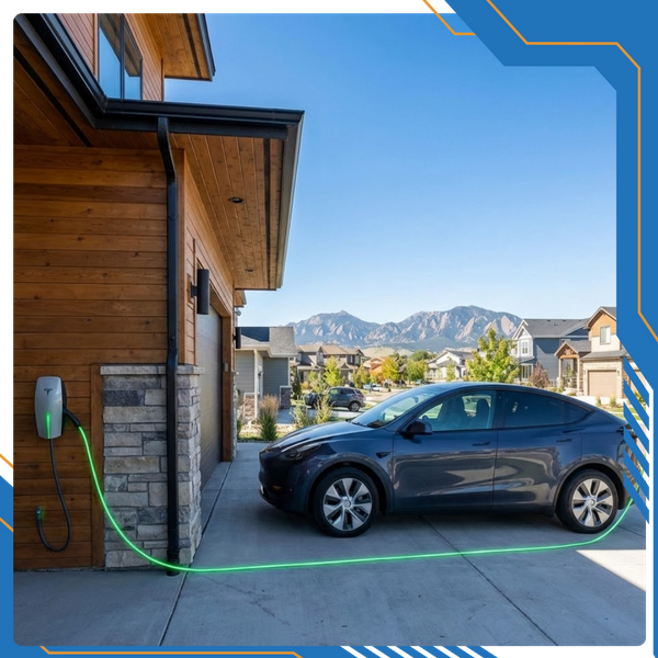An electric vehicle plugged into a charging station mounted on the exterior of a modern home in Wheat Ridge, CO.