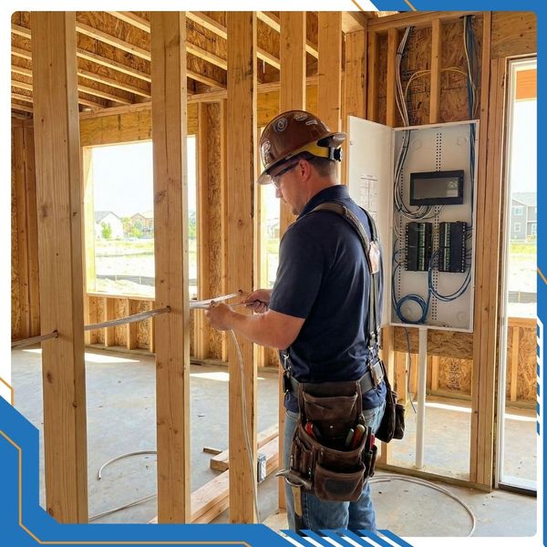 Electrician splicing into an existing electrical wire in a new construction