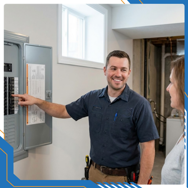 A licensed electrician from Applied Electric Inc. pointing to a breaker in a newly installed residential electrical panel.