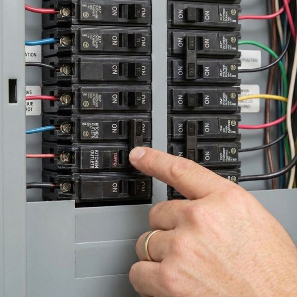 A homeowner's hand resets a tripped breaker switch in a residential electrical panel.