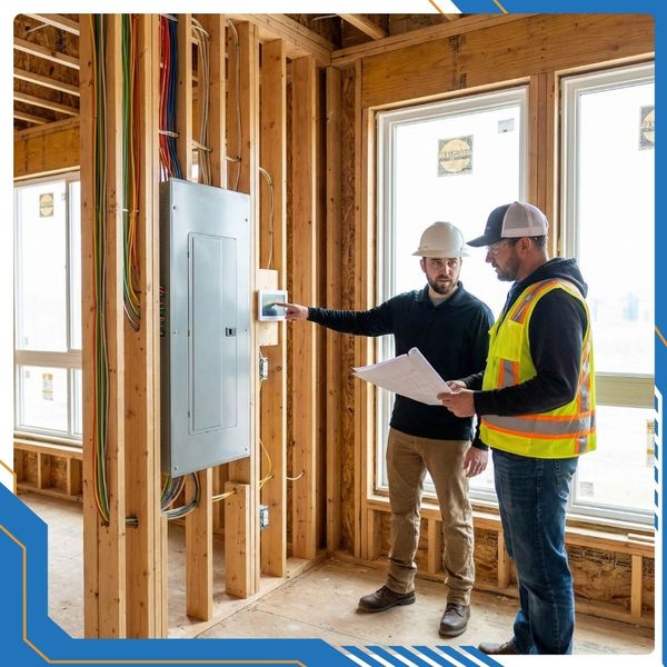 two electricians quality checking a new electrical install on a new home build