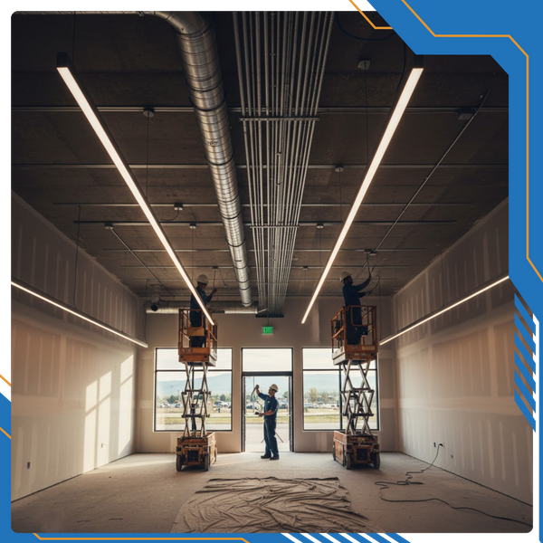 Skilled electricians installing overhead conduit and professional LED lighting systems for a commercial business project