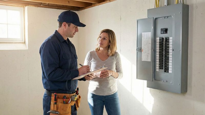 A professional electrician consults with a homeowner in front of a clean, modern residential electrical panel in a sunlit basement