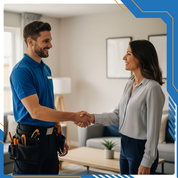 Electrician shaking hands with homeowner