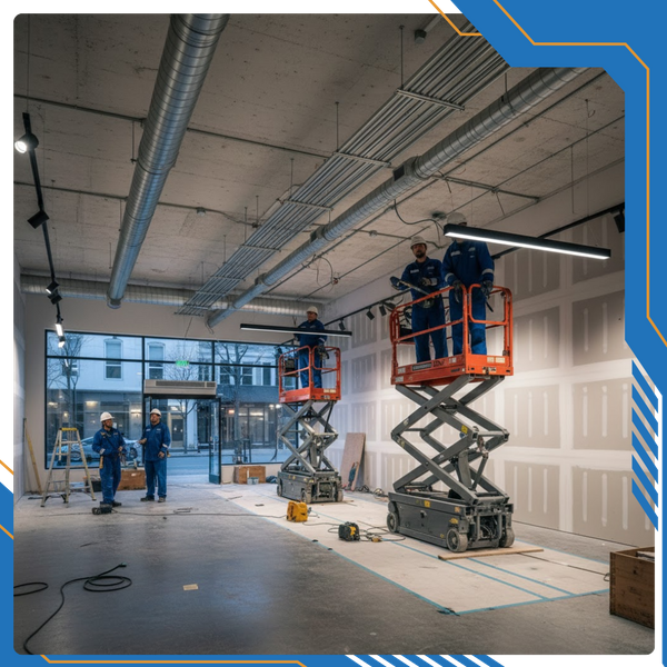 Professional electricians installing a modern lighting system and commercial-grade conduit in a retail space during a tenant improvement project