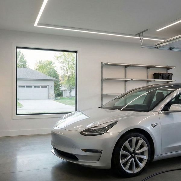 An electric car is plugged into a residential charging station in a modern garage.