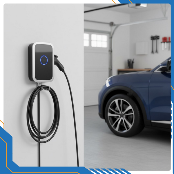 A sleek, wall-mounted Level 2 EV charging station installed in a residential garage, ready for use