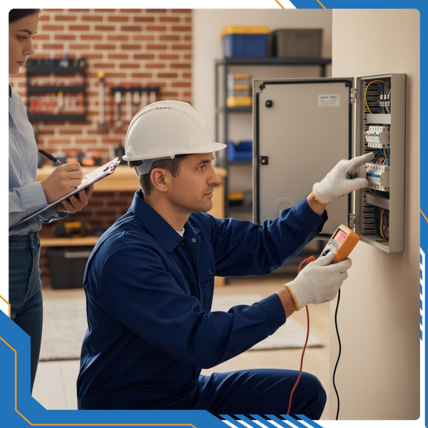 A residential electrician in a professional uniform inspecting a breaker panel inside a home to ensure safety and code compliance