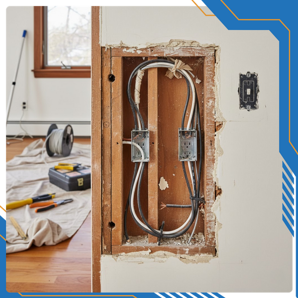 Detailed view of a house rewiring project in progress, showing new electrical cables and organized wiring inside an open wall of a mid-century home