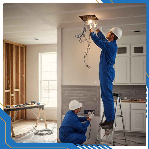  professional electrician installing recessed LED lighting and modern outlets during a kitchen remodeling project in a Thornton residence