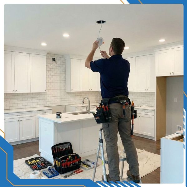 Electrician installing smoke alarms in a newly built kitchen