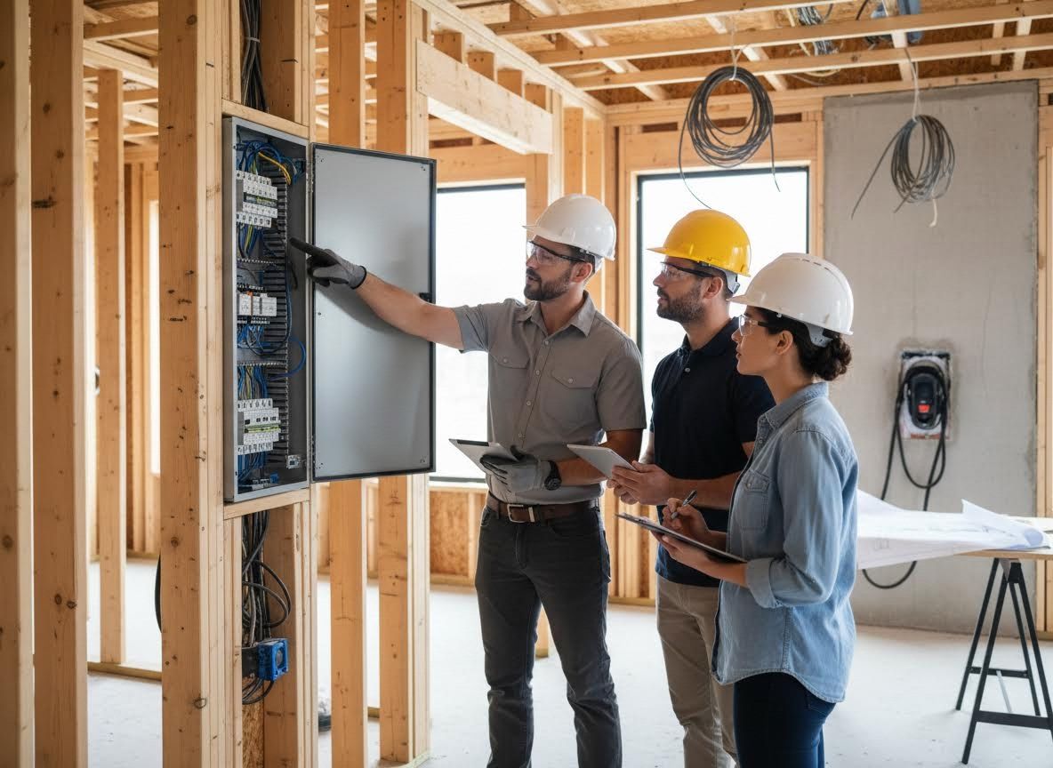 Construction team inspecting electrical panel