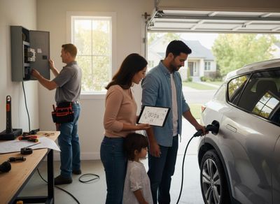 Family and Electrician Installing Home EV Charger