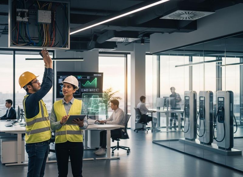 Engineers Inspecting Electrical Systems in a Smart Office with EV Chargers