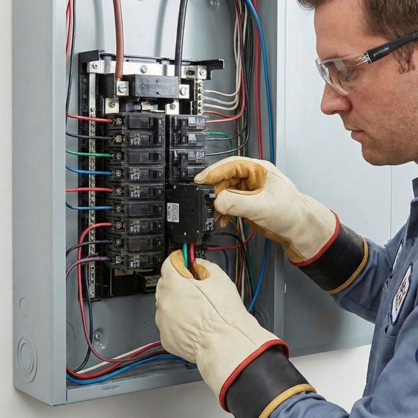A certified electrician performs a wiring upgrade inside a modern electrical service panel