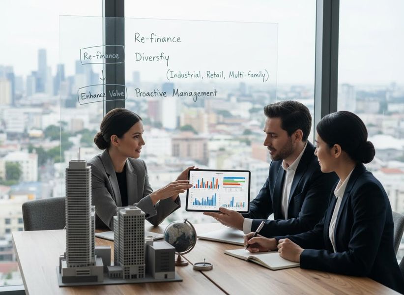 Business professionals analyzing financial data in a modern office