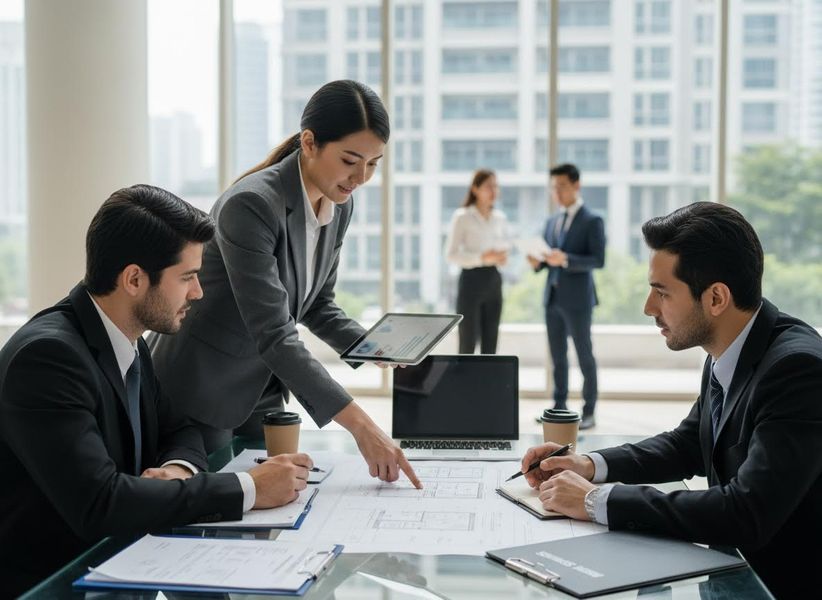 Business Professionals Discussing Blueprints and Data