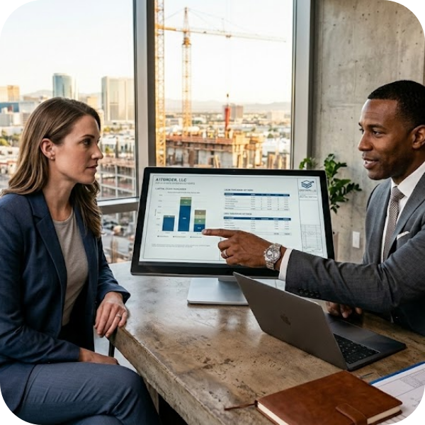 client talking to consultant in office with construction in the background