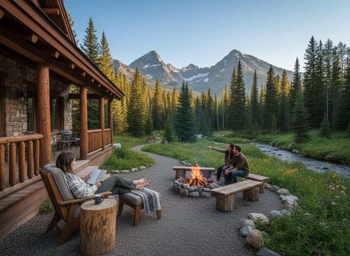 Mountain Lodge and Campfire with Deer and Majestic Peaks