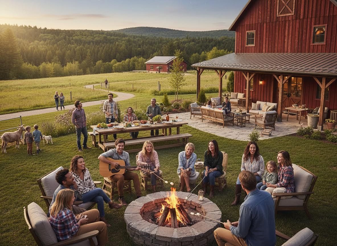 Friends and Family Gather Around a Bonfire at a Rustic Barn