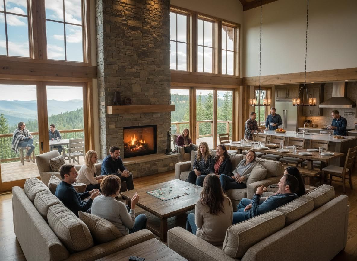 Friends and family gathered in a luxurious mountain lodge living room