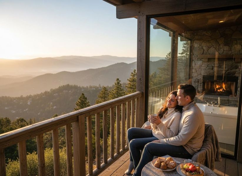 A couple sits on a rustic balcony, enjoying coffee and breakfast while admiring a panoramic view of misty mountains and pine forests during sunrise. Couple enjoying a scenic mountain view from a balcony at sunrise