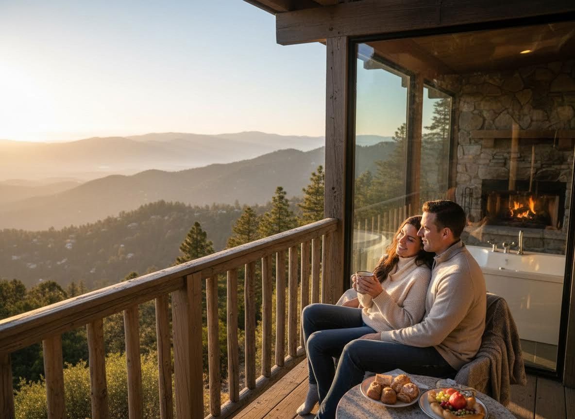 Couple enjoying a scenic mountain view from a balcony at sunrise