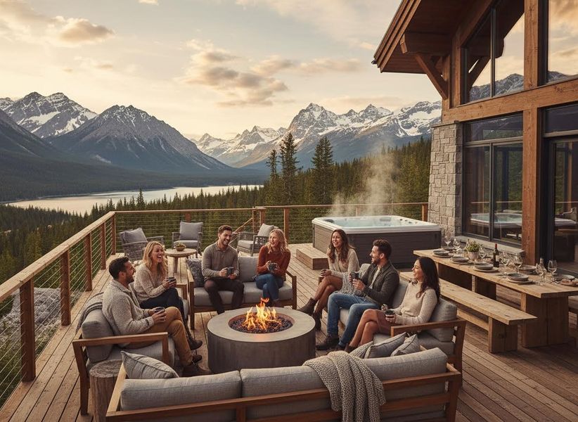 Friends gathered around a fire pit on a luxurious wooden deck overlooking a lake and snowy mountains. A hot tub and dining area are visible. Friends on a mountain view deck with fire pit and hot tub