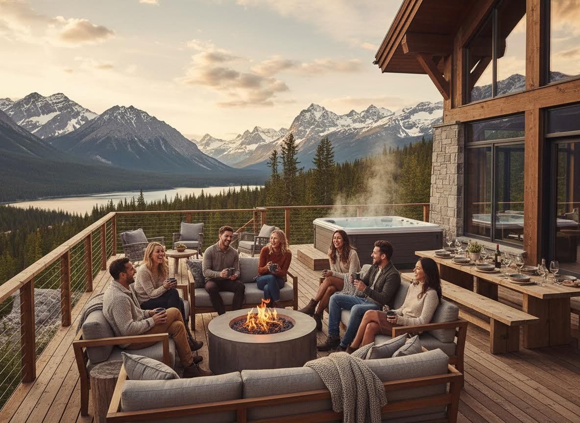 Friends on a mountain view deck with fire pit and hot tub