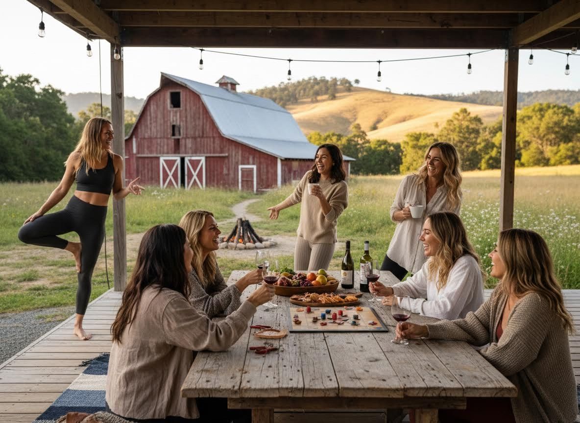 Women socializing on a rustic porch with a red barn in the background