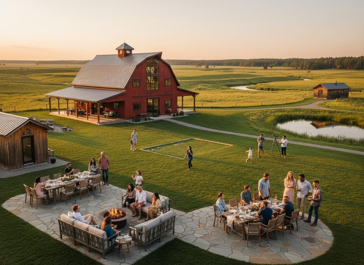 Outdoor Evening Social Gathering at a Red Barn Estate