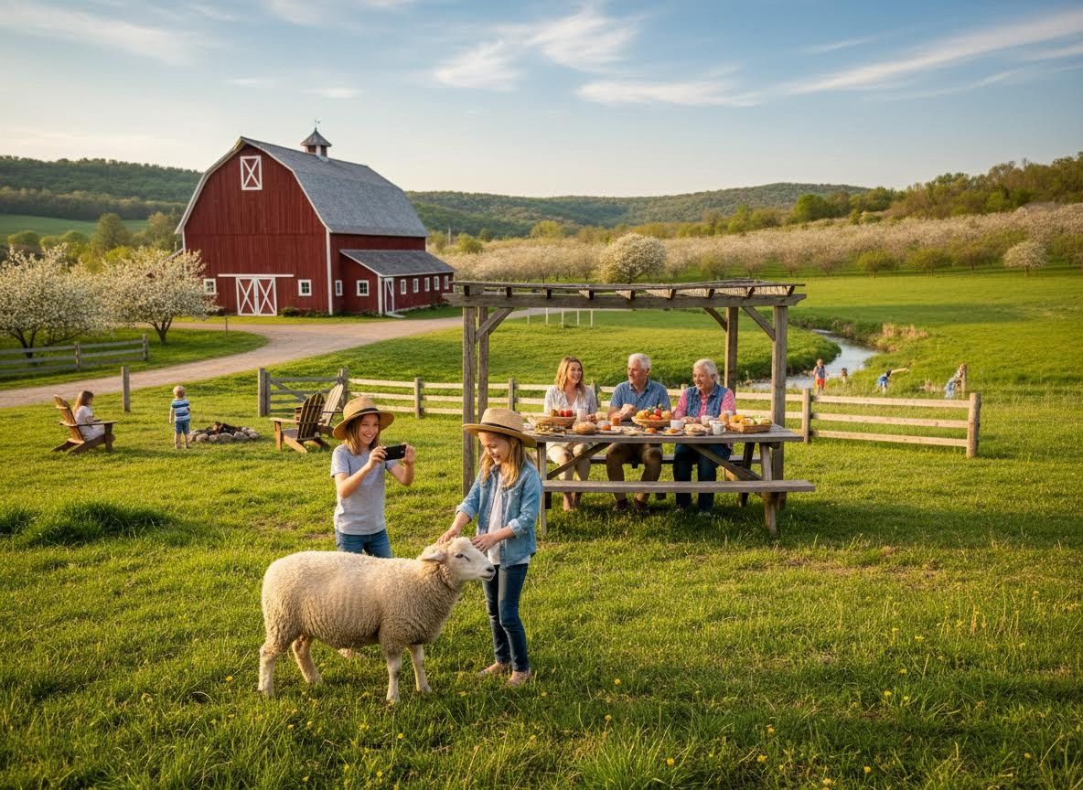Generations enjoy a farm picnic with sheep and blooming trees
