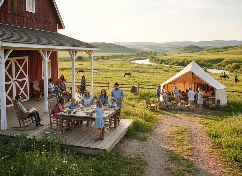 Families play games on a barn porch while others enjoy a campfire by a glamping tent in a scenic rural landscape with horses and a river. Family and friends gather at a scenic ranch for a glamping adventure