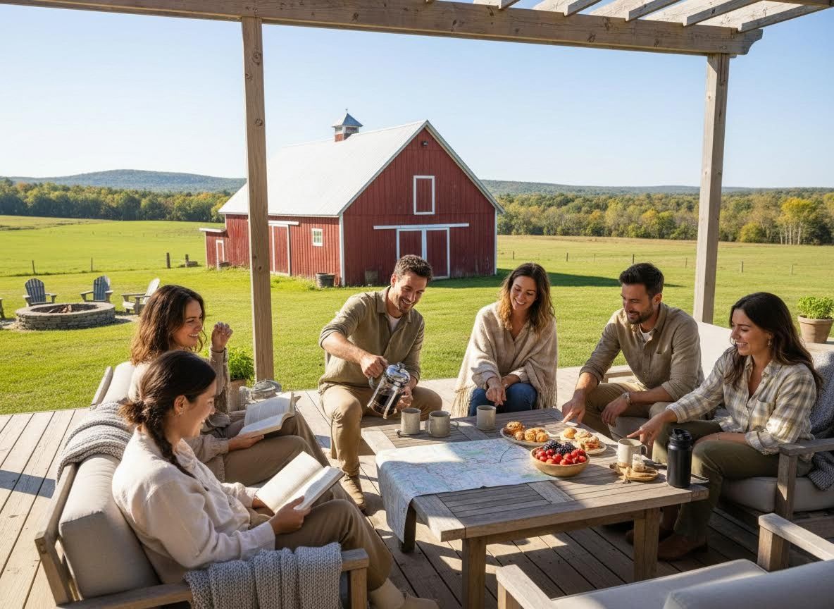 Friends enjoying an outdoor breakfast at a scenic farm