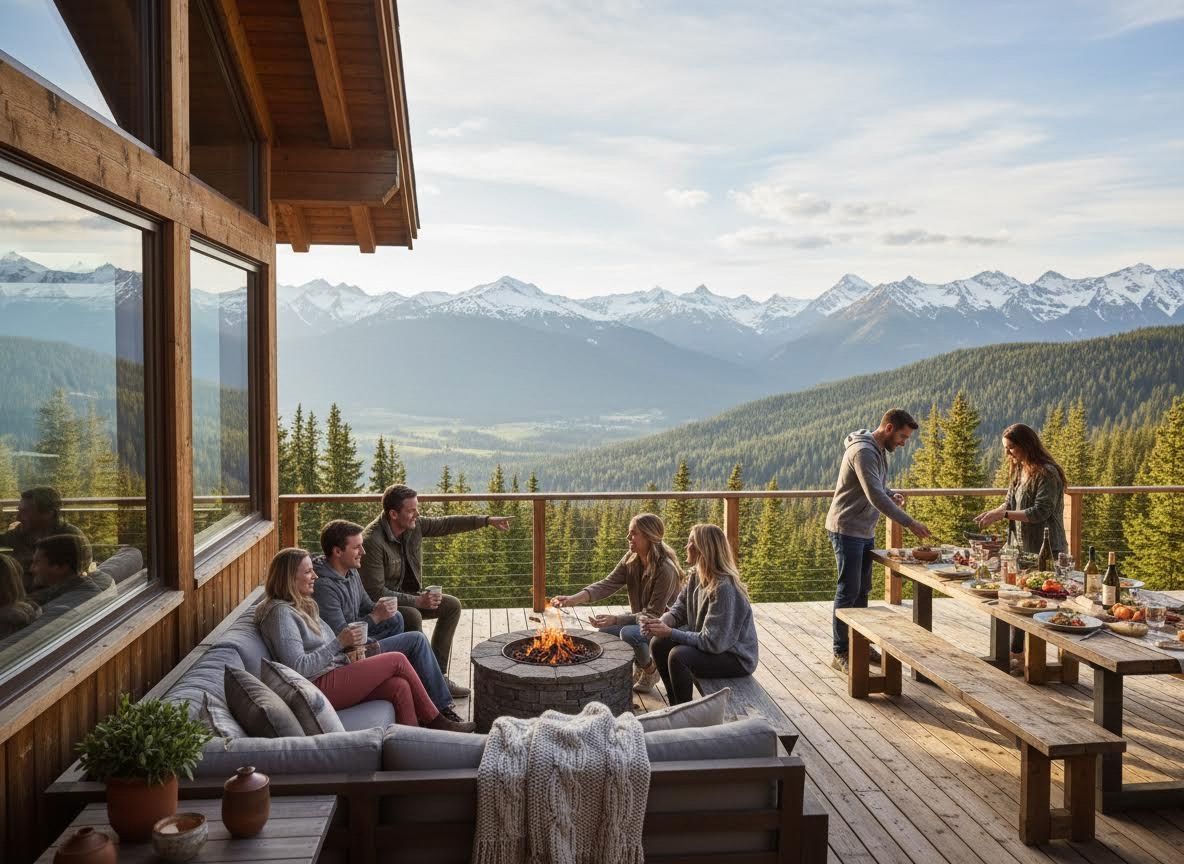 Friends gathering on a luxurious mountain cabin deck