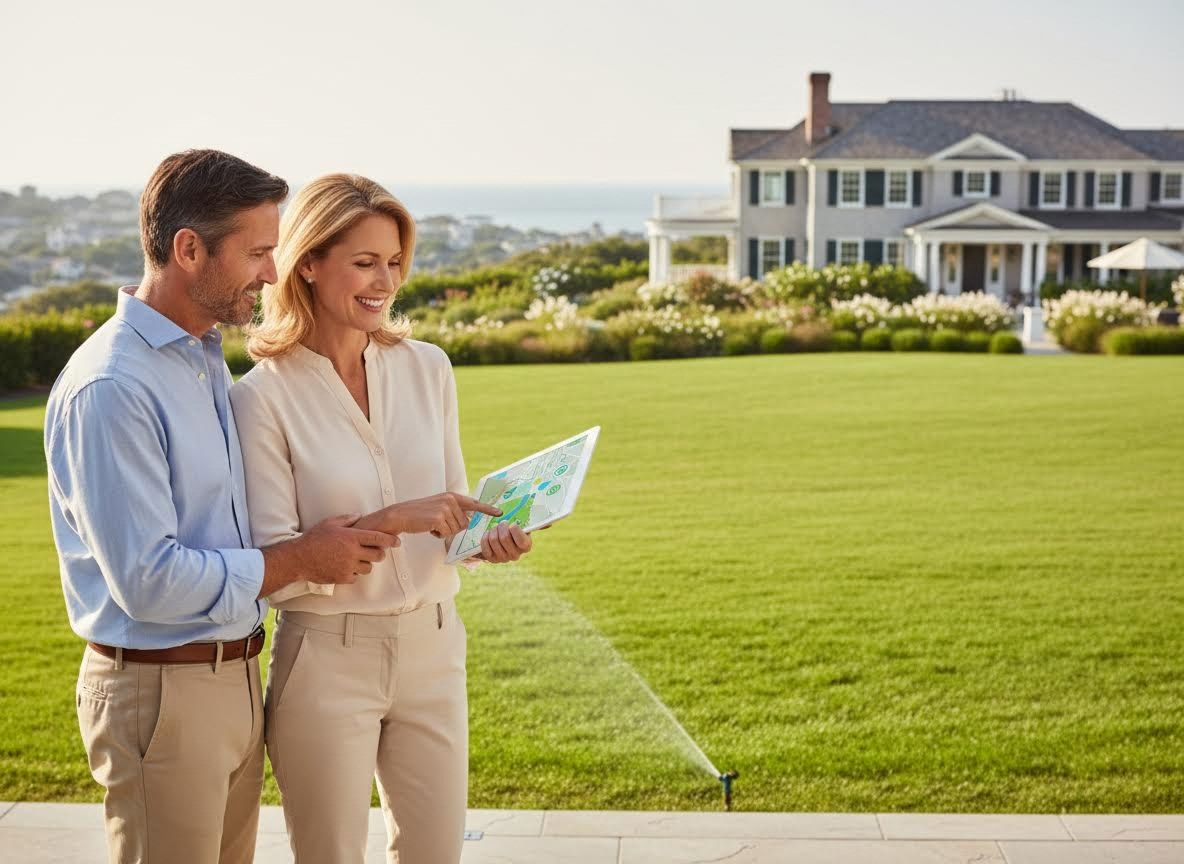 Couple Managing Smart Lawn Irrigation with Tablet at Luxury Home