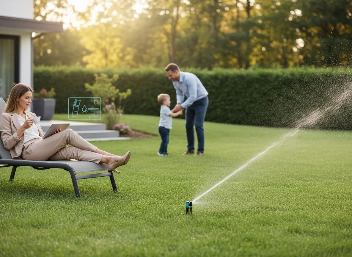 Family using smart irrigation system in a modern backyard