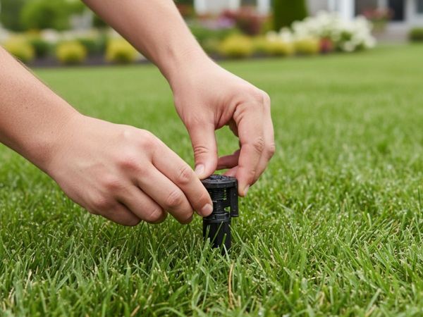 Close-up of a technician's hands precisely adjusting a residential sprinkler nozzle to ensure efficient water distribution and prevent waste.