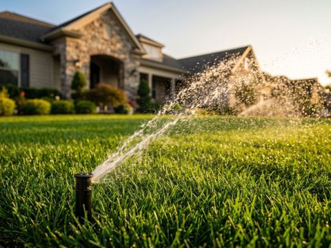A close-up of a high-efficiency pop-up sprinkler head actively watering a vibrant, perfectly manicured residential lawn at sunset.