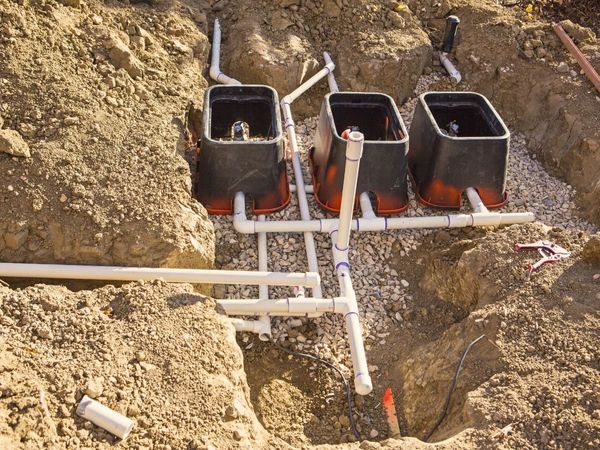 Professional underground irrigation manifold installation showing high-quality valve boxes and organized PVC piping in a clean, gravel-lined trench.