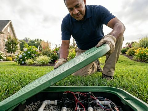 An experienced specialist opening an underground irrigation valve box to perform a routine maintenance check and system optimization.