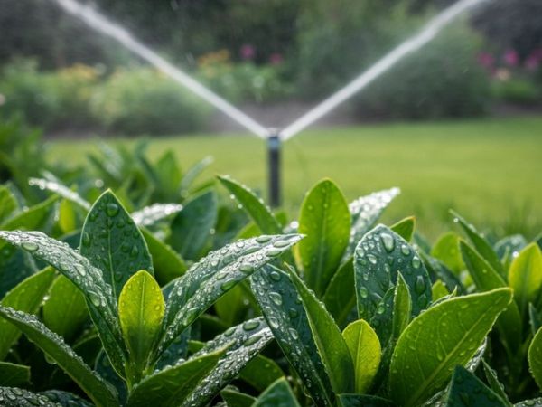 Lush green garden leaves covered in fresh water droplets, with a professionally installed irrigation system operating in the background.