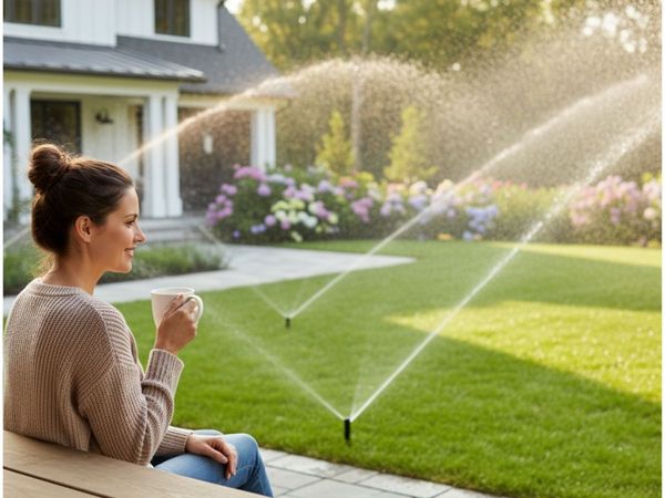 A Long Island homeowner sitting on her patio, enjoying a cup of coffee while an automated residential sprinkler system waters a lush, sunlit green lawn.