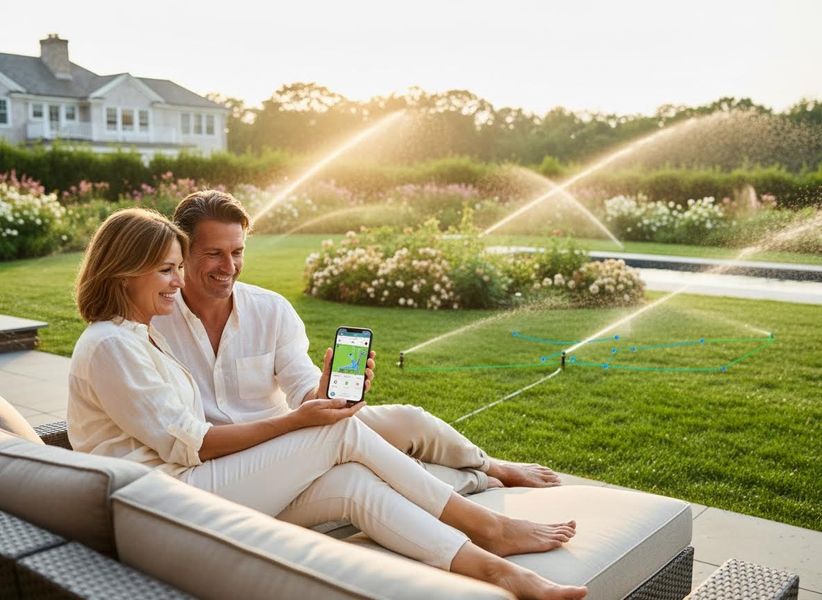 Couple managing smart irrigation system with a phone app
