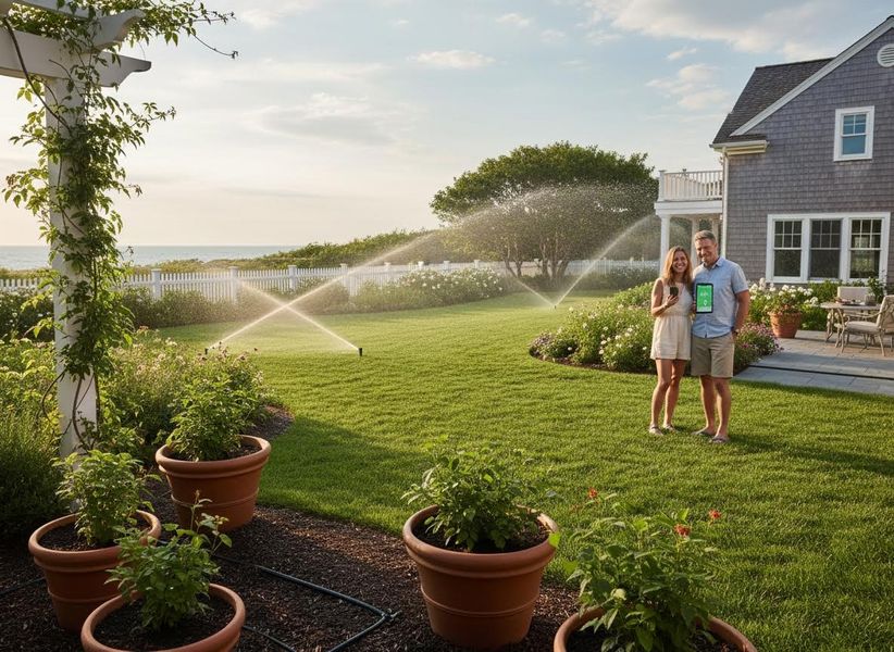 A smiling couple stands in their green backyard with sprinklers watering, holding a phone and tablet showing smart irrigation controls, overlooking the ocean. Couple with Smart Irrigation System in Coastal Backyard