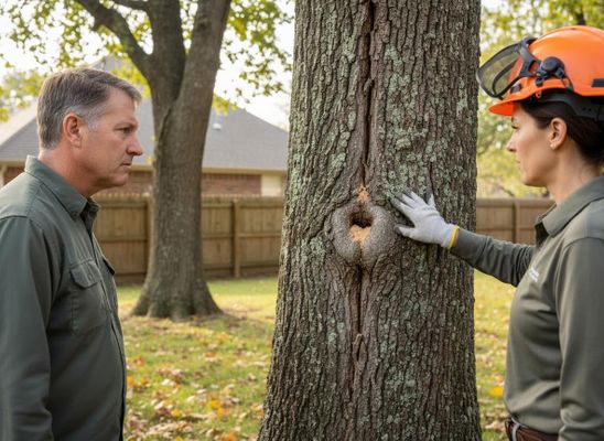 Arborist and homeowner inspect damaged tree for decay