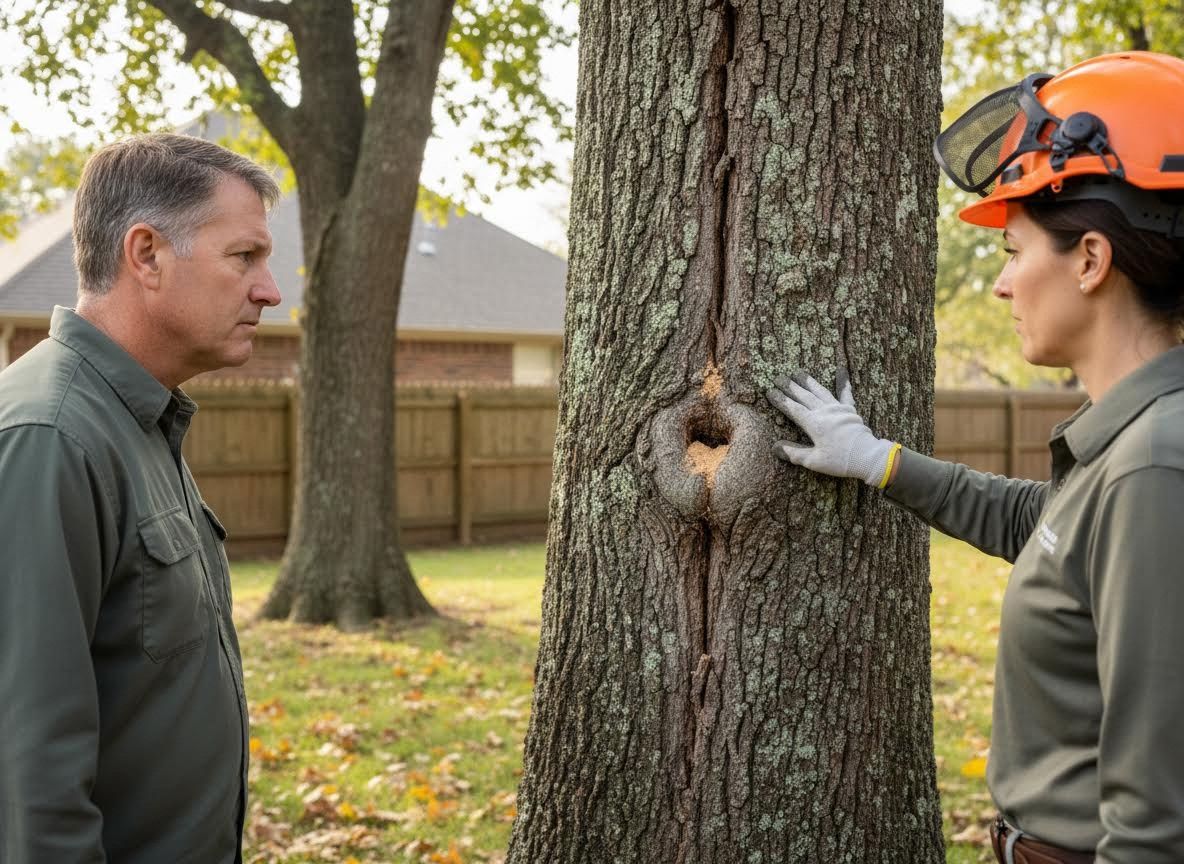 Arborist and homeowner inspect damaged tree for decay